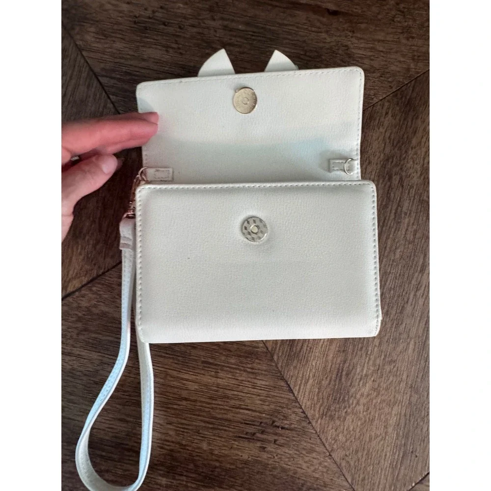 Madden Girl Cream Faux Leather Bow Wristlet Wallet Cream Gold Tone Logo